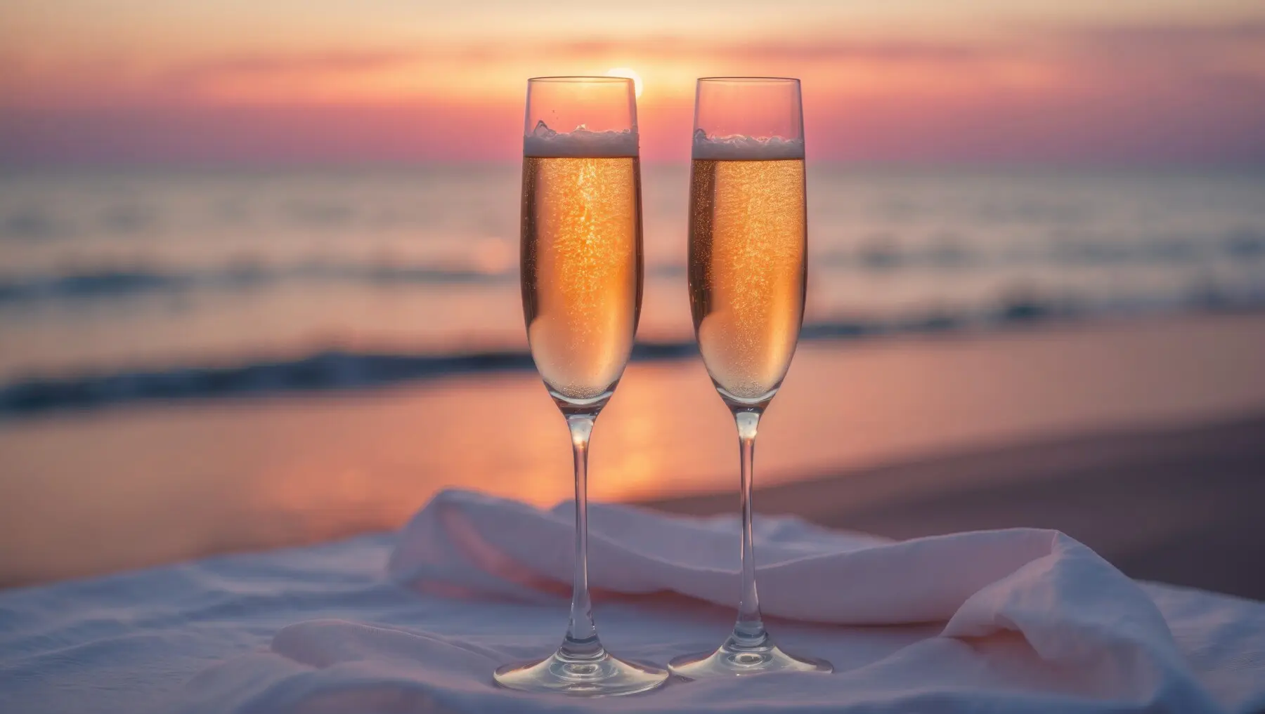Two champagne glasses at sunset on the beach in North Myrtle Beach, symbolizing a romantic Valentine’s getaway by the sea