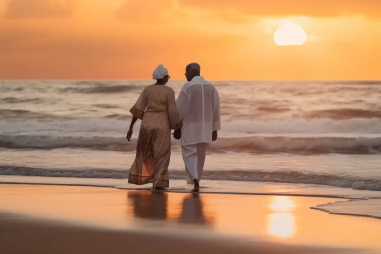 Golden-hour beach in North Myrtle Beach with calm waves and soft light, ideal for an adults-only retreat at Sea House Villas.