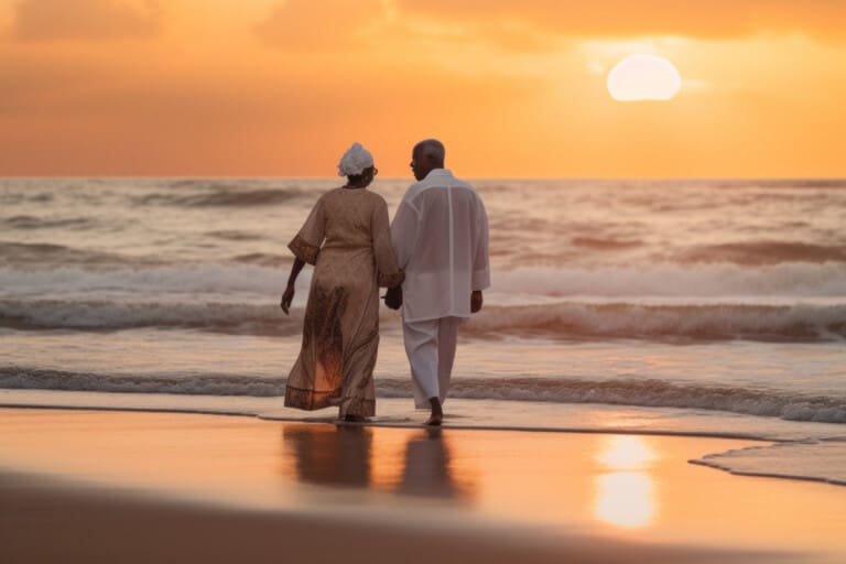 Golden-hour beach in North Myrtle Beach with calm waves and soft light, ideal for an adults-only retreat at Sea House Villas.